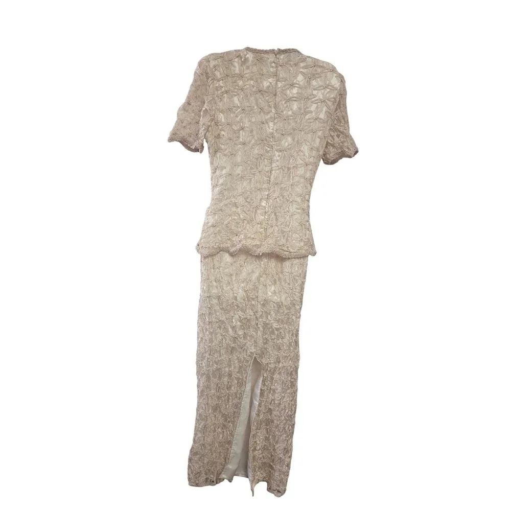 VTG SCALA Beaded Lace 2Pc Evening‎ Gown Set Champagne Mother Bride Formal 90s